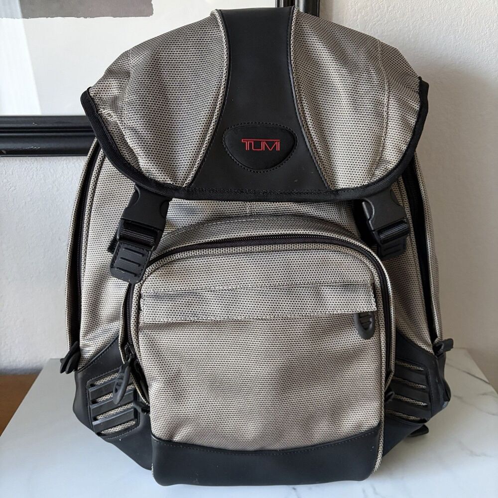 TUMI T2 Backpack Ballistic Nylon Khaki Black Leather Trim Daypack Travel